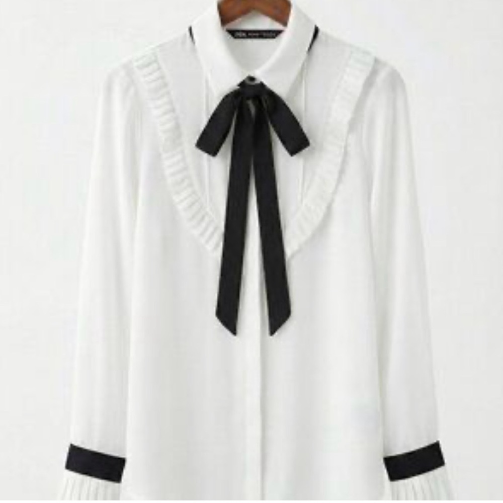 Zara White Blouse with Black Bow Detail